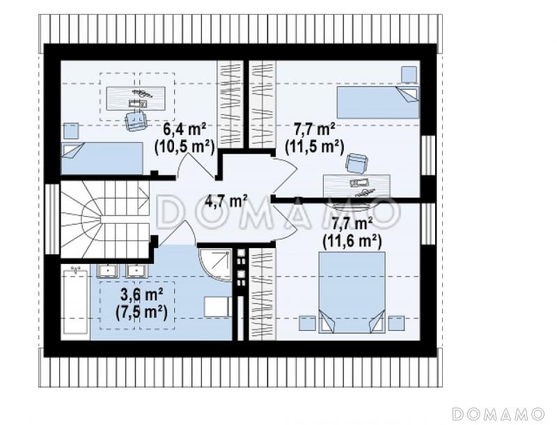 Проект компактного одноэтажного мансардного дома из кирпича с дополнительной спальней на первом этаже, адаптированный для сейсмоопасных регионов / План мансардного этажа