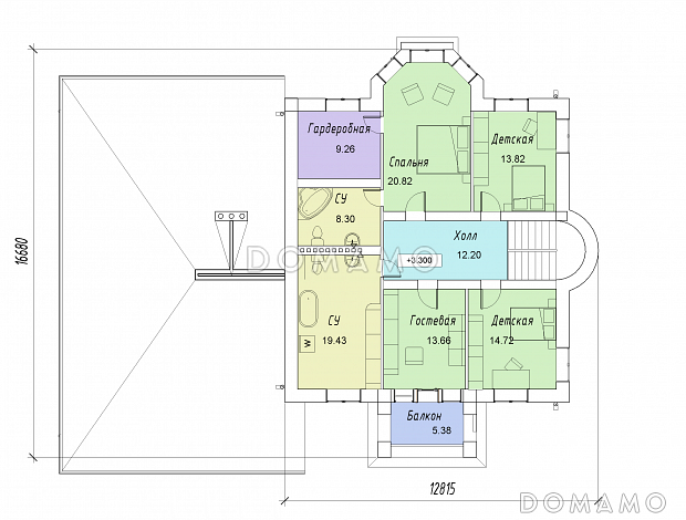 Проект двухэтажного дома с цокольным этажом, гаражом, эркером и террасой / План 2 этажа