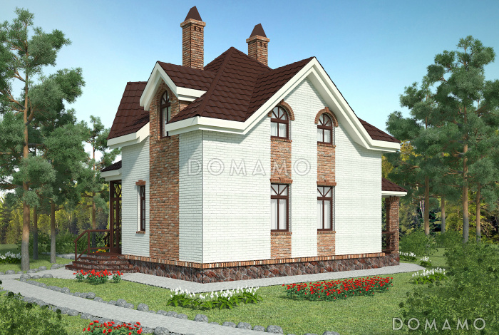 Проект квадратного кирпичного коттеджа  со входом с угла