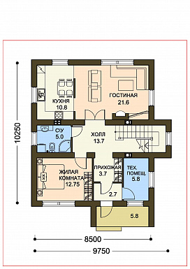 Проект коттеджа с пятью спальнями, коричневой крышей и белыми оштукатуренными стенами / План 1 этажа