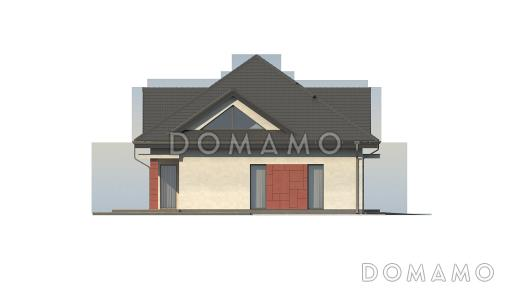 Проект одноэтажного мансардного коттеджа из кирпича с большой площадью остекления в гостиной, кабинетом и гаражом / Фасад 1