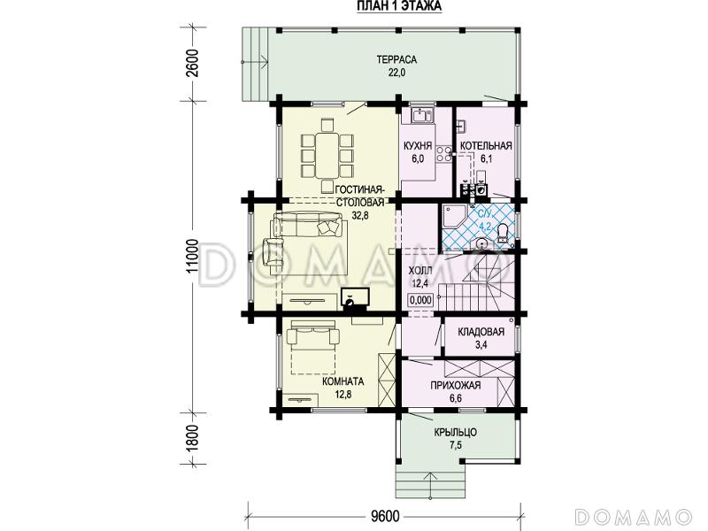 Проект двухэтажного дома из бруса с пятью комнатами, эркером и крытой террасой / План 1 этажа