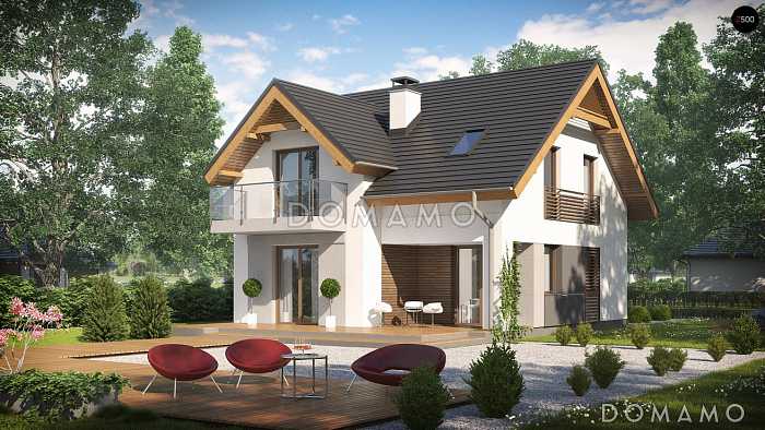 Проект дома с террасой, мансардными окнами, балконом,  треугольным окном в ванной на мансарде