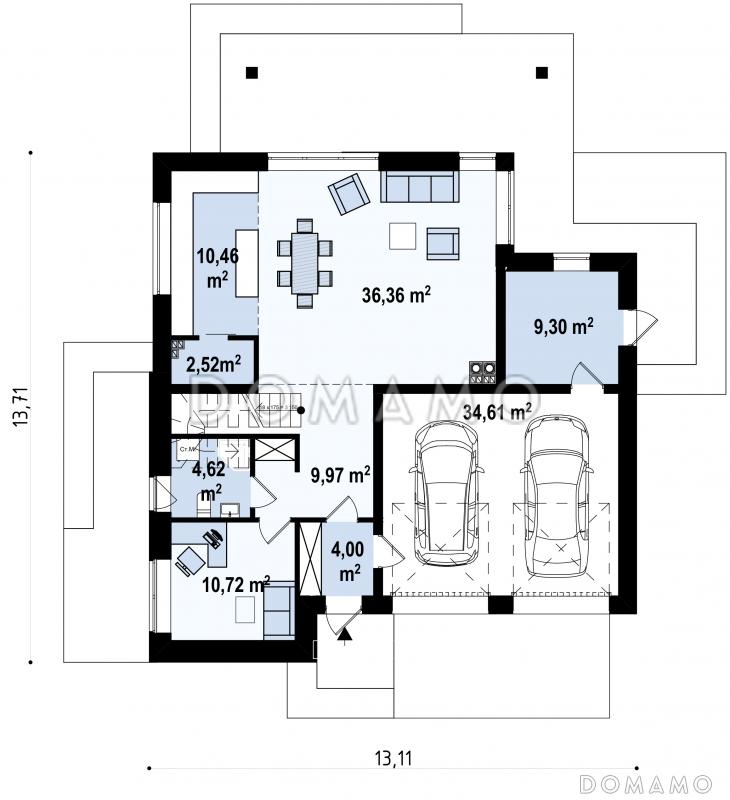 Проект современного двухэтажного дома из газобетона с плоской крышей с четырьмя спальнями, кабинетом и двухместным гаражом / План 1 этажа