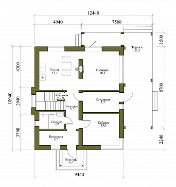 Проект двухэтажного дома из керамоблока с кабинетом и 4 спальнями / План 1 этажа