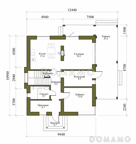 Проект двухэтажного дома из керамоблока с кабинетом и 4 спальнями / План 1 этажа