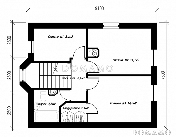 Проект экономичного коттеджа с террасой. / План мансардного этажа