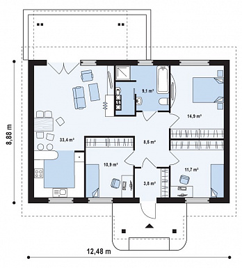 Проект одноэтажного дома из кирпича с тремя спальнями и террасой / План 1 этажа
