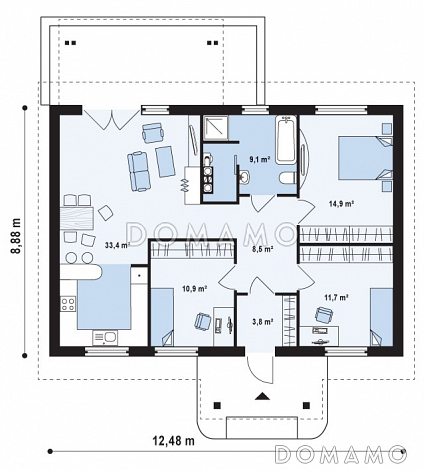 Проект одноэтажного дома из кирпича с тремя спальнями и террасой / План 1 этажа
