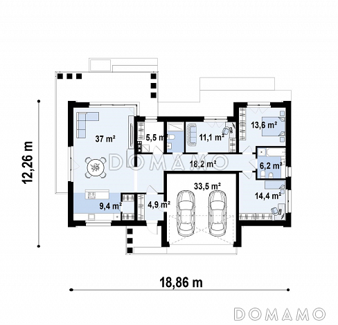 Проект одноэтажного дома с гаражом на две машины, кухней по одной стене с кладовой, кабинетом / План 1 этажа