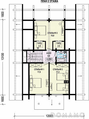 Проект дома из бруса с 4 спальнями, кабинетом и сауной / План мансардного этажа