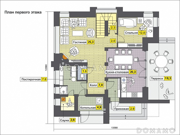 Проект загородного дома с просторной гостиной с камином, террасой, сауной на первом этаже, балконом / План 1 этажа