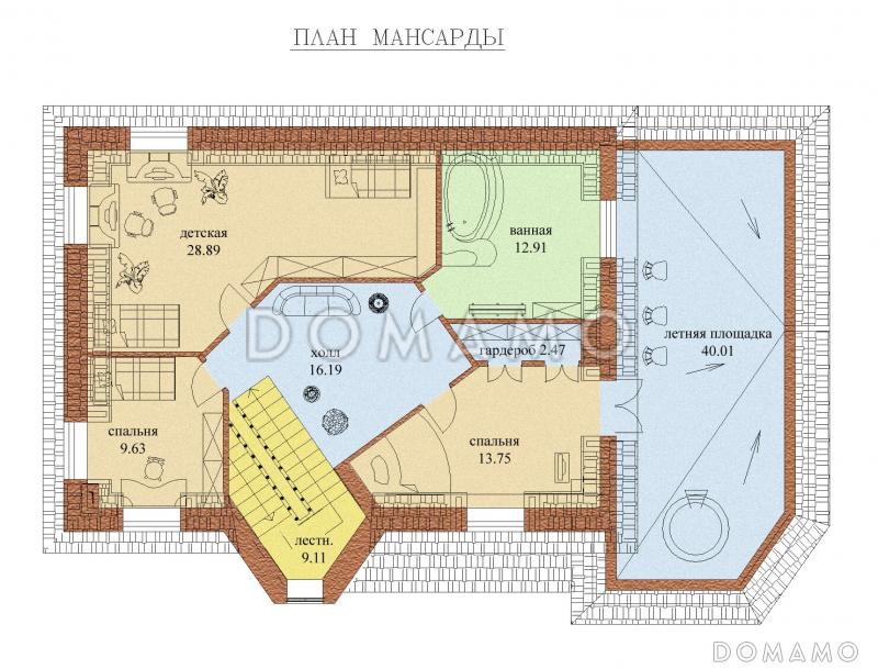 Проект одноэтажного коттеджа с мансардным этажом, гаражом и летней открытой площадкой на крыше гаража / План мансардного этажа