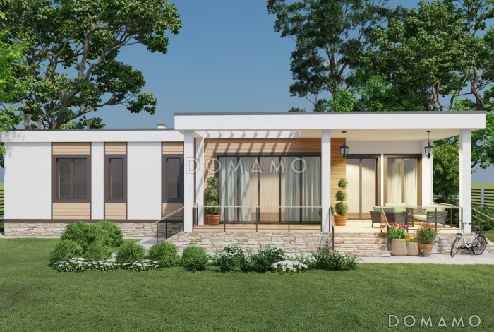 Проект просторного одноэтажного кирпичного дома в стиле хай-тек с тремя спальнями и террасой