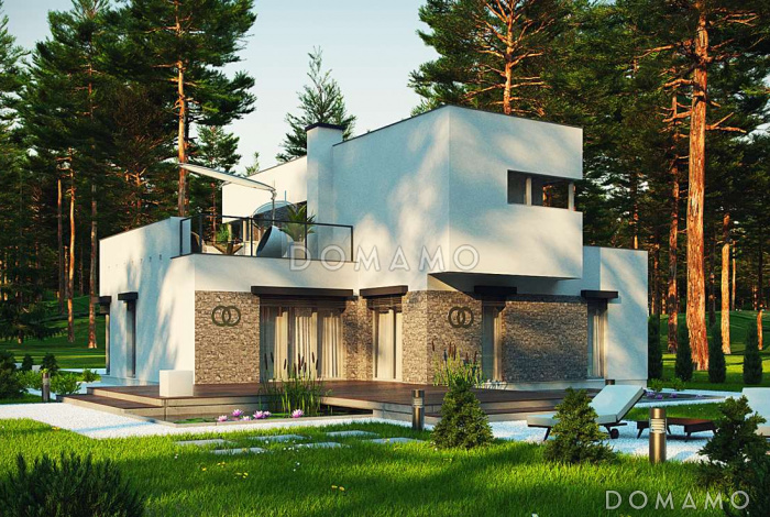 Проект компактного современного двухэтажного дома из газобетона в стиле модерн, с террасой на втором уровне и с гаражом