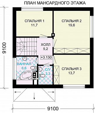 Проект дома из газобетона с гостевой комнатой / План мансардного этажа