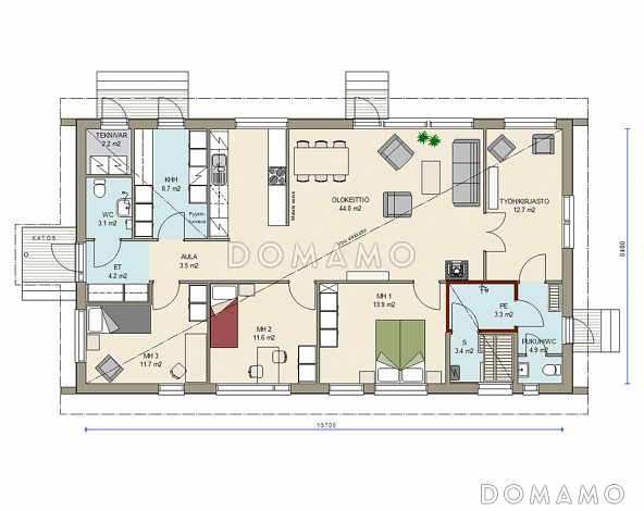 Проект одноэтажного каркасного дома с небольшой кухонной зоной / План 1 этажа