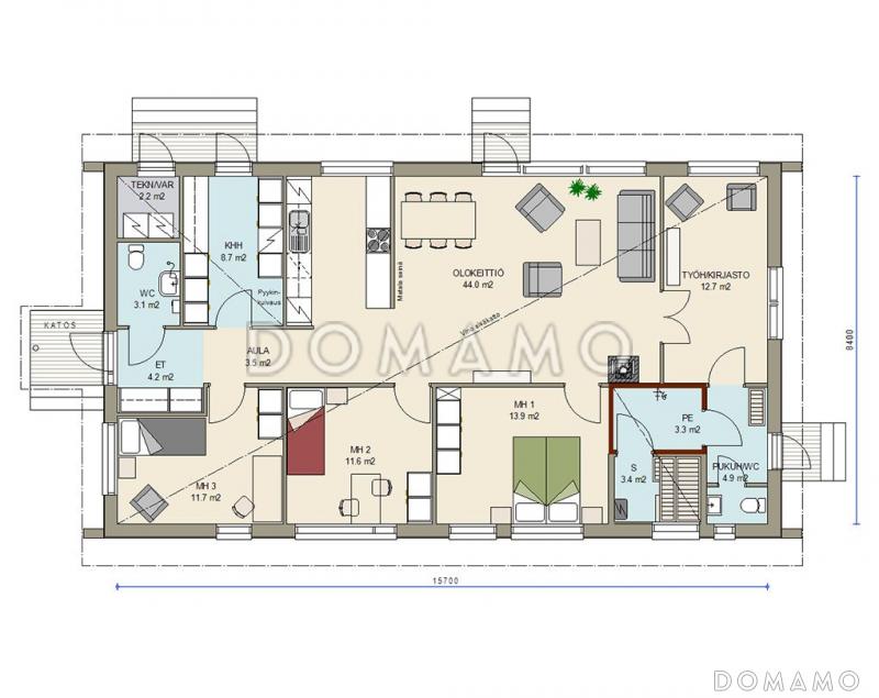 Проект одноэтажного каркасного дома с небольшой кухонной зоной / План 1 этажа