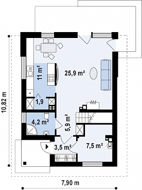Проект компактного двухэтажного дома из кирпича с тремя спальнями с кирпичной облицовкой фасадов / План 1 этажа