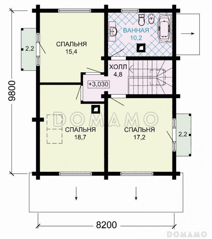 Проект деревянного дома с удобствами, просторной гостиной и тремя спальными комнатами / План мансардного этажа