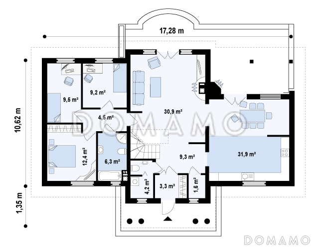 Проект просторного одноэтажного мансардного дома из кирпича с барбекю на крытой угловой террасе / План 1 этажа