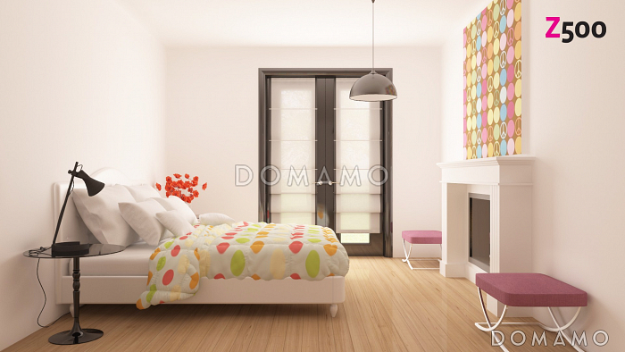 Проект одноэтажного дома из кирпича с выходом на террасу из гостиной и двух спален и с гаражом на два автомобиля