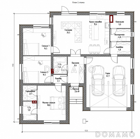 Проект одноэтажного дома с вальмовой крышей, гаражом на 2 машины, хозяйской и гостевыми спальными комнатами / План 1 этажа