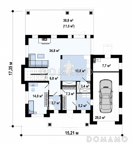 Проект  двухэтажного дома с гаражом для машины, подвалом, крытой террасой, кладовой на кухне, постирочной / План 1 этажа