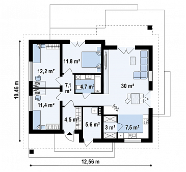 Проект простого уютного одноэтажного дома из газобетона с тремя спальнями и возможностью обустройства мансарды / План 1 этажа