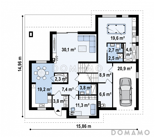 Проект комфортного одноэтажного дома из газобетона с подземным гаражом и бильярдной на цокольном этаже / План 1 этажа