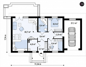 Проект одноэтажного дома из кирпича с тремя спальнями на мансардном этаже и гаражом / План 1 этажа
