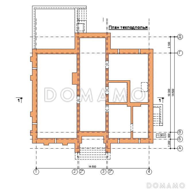 Проект двухэтажного коттеджа с террасой / План цокольного этажа