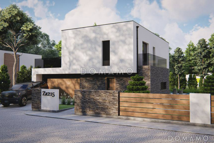 Проект двухэтажного дома с гаражом, гостиной с камином, кладовой, балконами