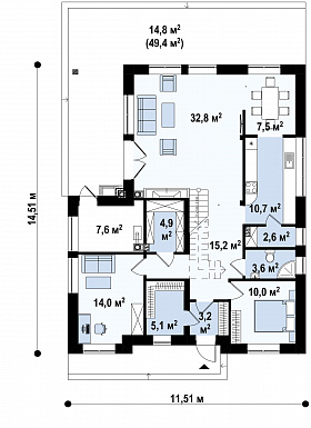 Проект дома с мансардой, террасой, кабинетом, кладовой, вторым светом, мастер-спальней / План 1 этажа