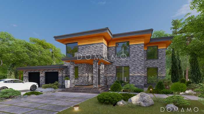 Проект двухэтажного дома из газобетона с 4 спальнями, кабинетом и крытой террасой