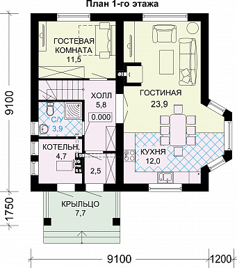 Проект дома из газобетона с эркером / План 1 этажа