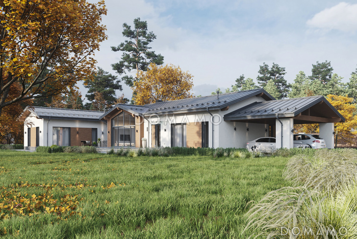 Проект одноэтажного каркасного дома Г-образной формы с навесом для автомобилей, сауной и верандой