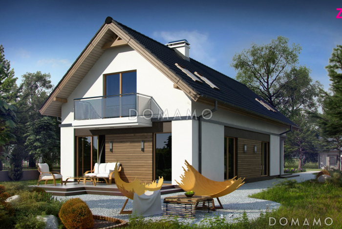 Проект одноэтажного мансардного дома из газобетона с гаражом на два автомобиля и террасой над гаражом 