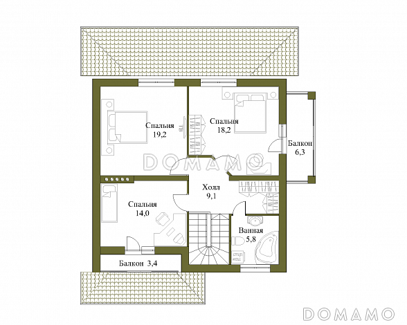 Проект двухэтажного коттеджа с террасой и двумя балконами / План 2 этажа