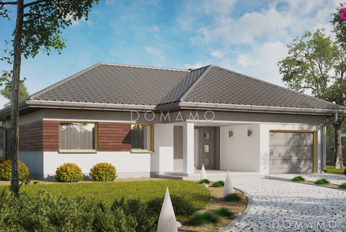 Проект одноэтажного дома из кирпича с большой террасой в угловой части дома и гаражом