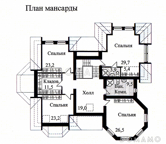 Проект дома из кирпича с необычной в плане каминной комнатой / План мансардного этажа