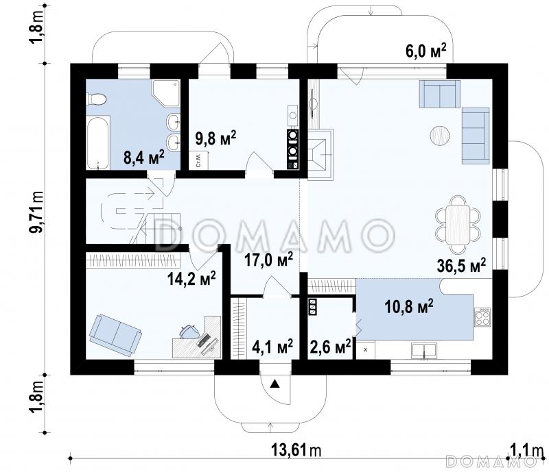 Проект удобного простого двухэтажного коттеджа из кирпича с кабинетом и просторной гостиной / План 1 этажа