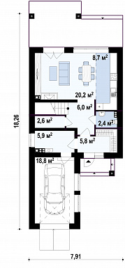 Проект двухэтажного дома из кирпича с фронтальным гаражом для узкого участка / План 1 этажа