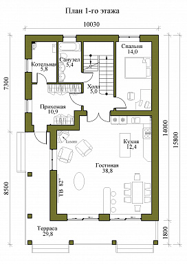 Проект трехэтажного газобетонного дома с пятью спальнями, холодным чердаком и подвалом / План 1 этажа