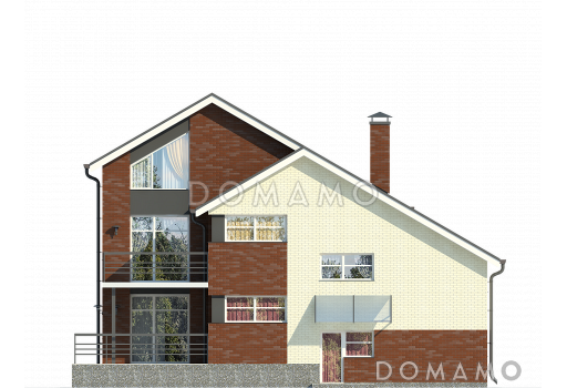 Проект дома с двухскатной крышей с мансардными окнами,  террасой, двумя балконами, кладовой на мансарде / Фасад 4