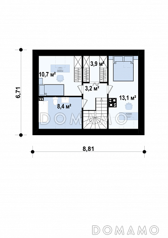 Проект компактного одноэтажного мансардного дома из газобетона с тремя спальнями и фронтальной террасой / План мансардного этажа