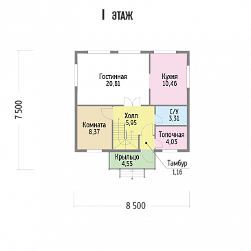 Проект компактного, функционального дома из клееного бруса с деревянной вагонкой / План 1 этажа