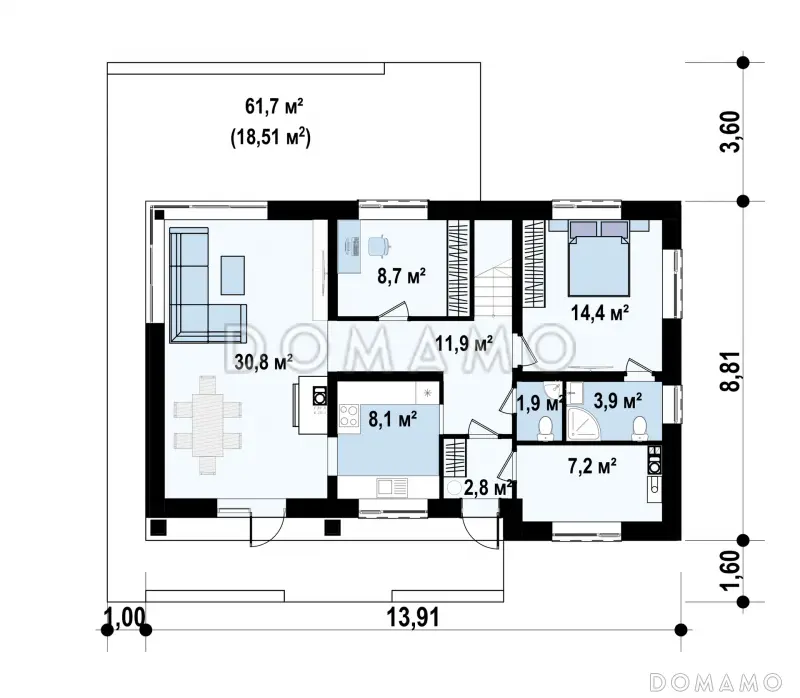Проект двухэтажного дома из газобетона с пятью спальнями и кабинетом / План 1 этажа