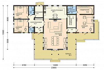 Проект большого усадебного дома с парадной гостиной, тремя спальнями и приватной зоной хозяев / План 1 этажа