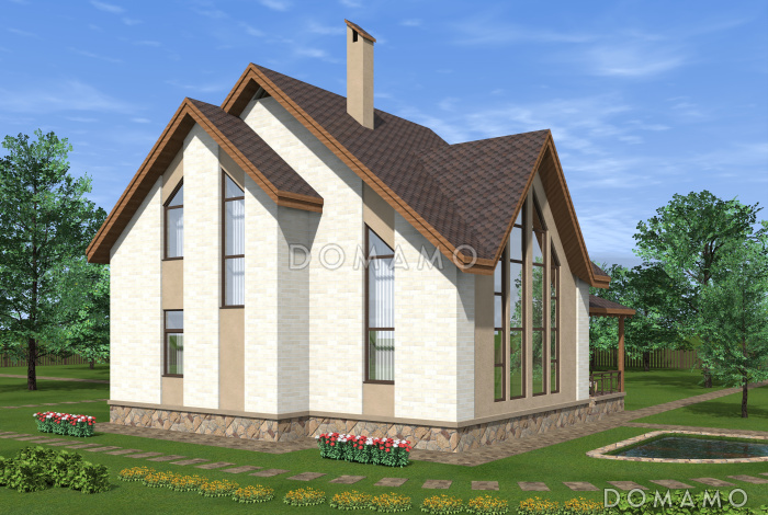 Проект коттеджа из SIP панелей с двусветной гостиной и террасой.